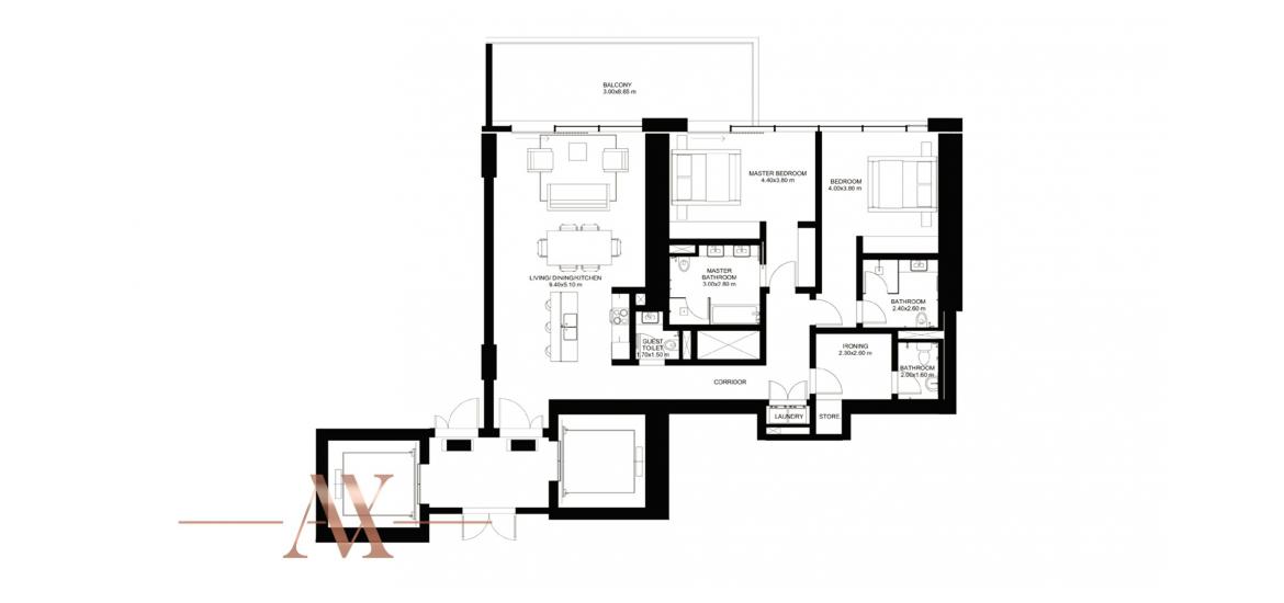 Plano del apartamento «B», 2 dormitorios en 1/JBR