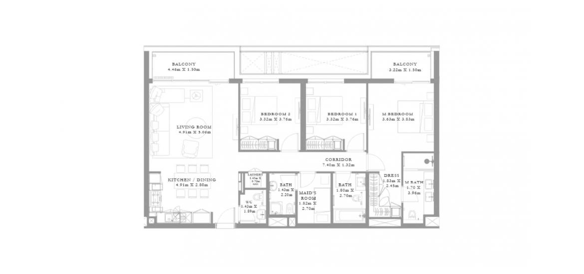Plano del apartamento «E», 3 dormitorios en SEAGATE