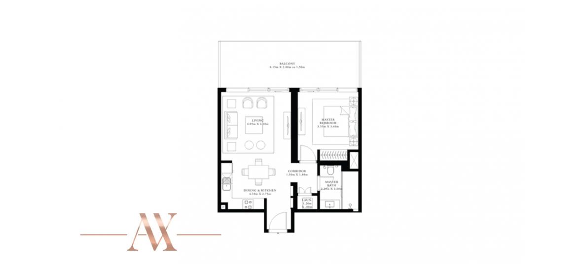Plan d'étage de l'appartement «B», 1 chambre à coucher à GRAND BLEU TOWER