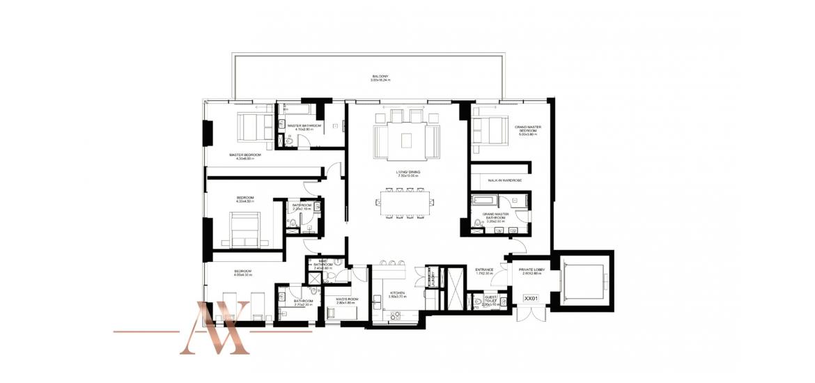 Plan d'étage de l'appartement «D», 4 chambres à 1/JBR