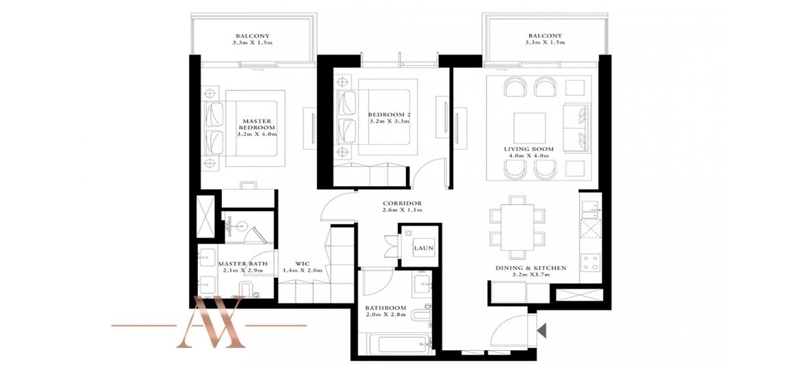 Plan d'étage de l'appartement «2BR 108SQM», 2 chambres à BEACH ISLE