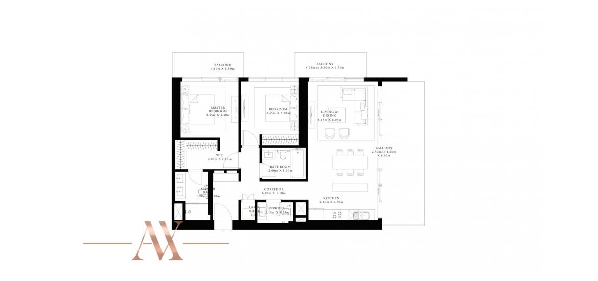 Plan d'étage de l'appartement «C», 2 chambres à GRAND BLEU TOWER