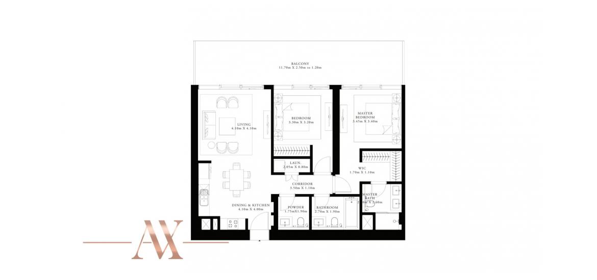 Plan d'étage de l'appartement «A», 2 chambres à GRAND BLEU TOWER