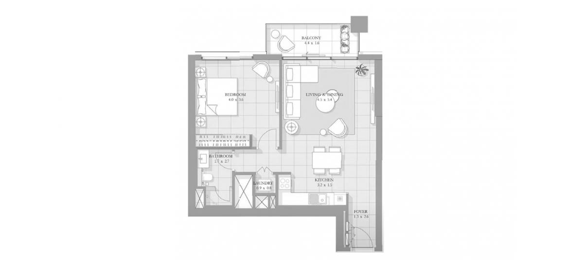 Plan d'étage de l'appartement «1BR TYPE 01A», 1 chambre à coucher à BLUEWATERS BAY