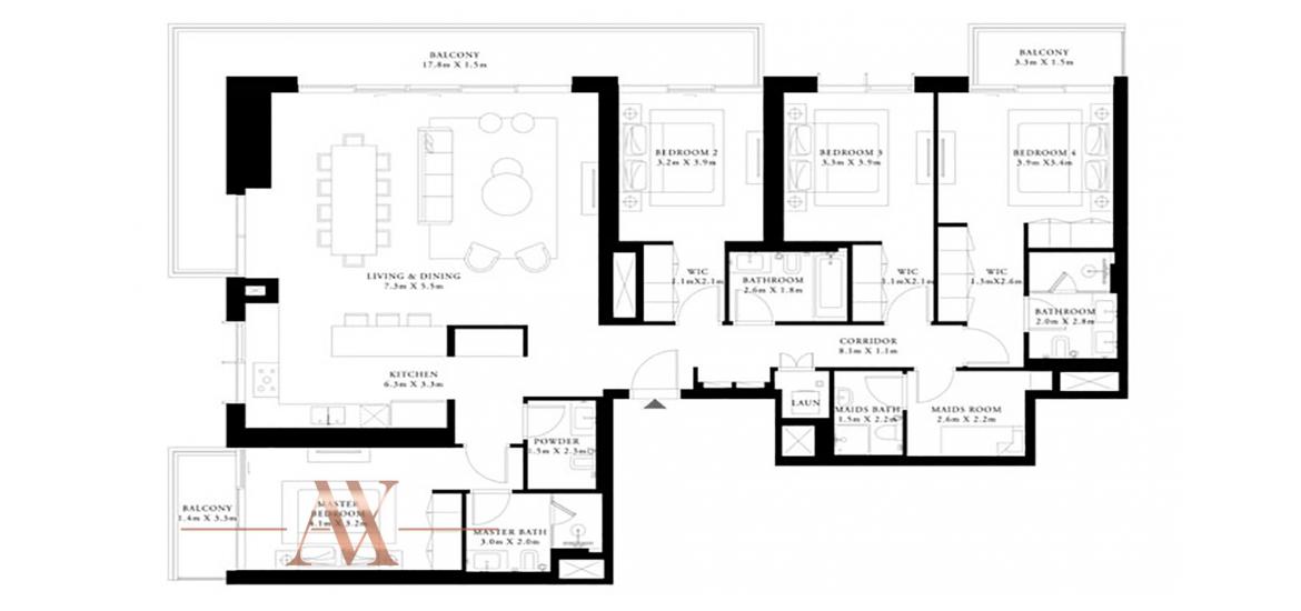 Планировка апартаментов «4BR 240SQM» 4 спальни в ЖК BEACH ISLE