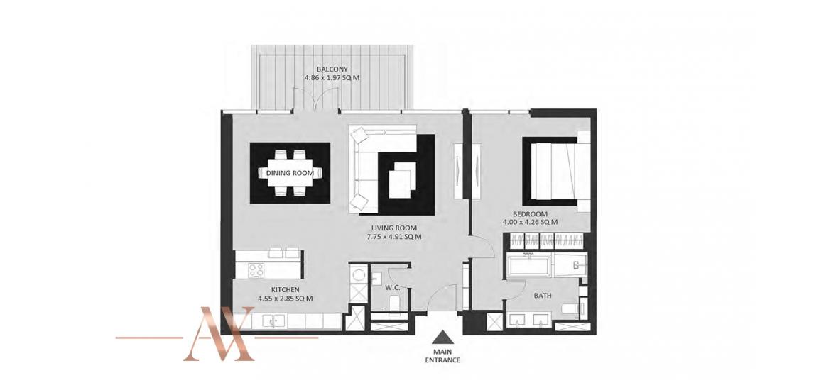 Планировка апартаментов «1BR 103SQM» 1 спальня в ЖК BLUEWATERS RESIDENCES