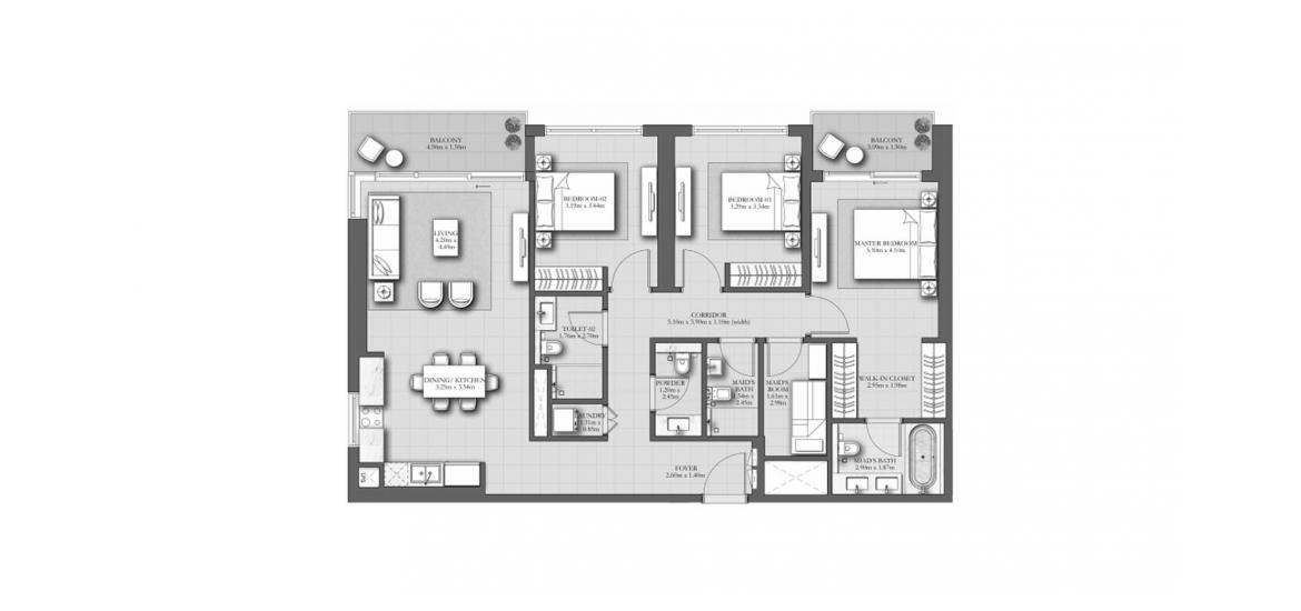 Планировка апартаментов «148SQM A» 3 спальни в ЖК MARINA SHORES