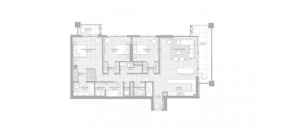 Планировка апартаментов «3BR TYPE 02» 3 спальни в ЖК BLUEWATERS BAY