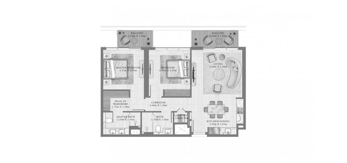 Планировка апартаментов «103 SQ.M 2 BEDROOM» 3 комнаты в ЖК SEAPOINT RESIDENCES