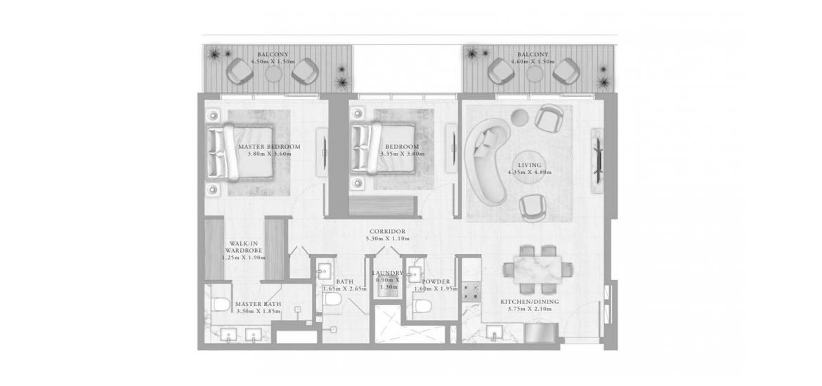 Планировка апартаментов «2BR 01 108SQM» 3 комнаты в ЖК BAYVIEW BY ADDRESS RESORTS