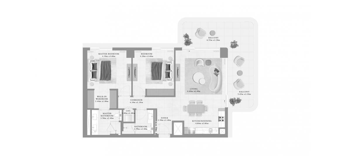 Планировка апартаментов «BAYLINE TWO-BEDROOM-TYPE-J-134M» 2 спальни в ЖК BAYLINE