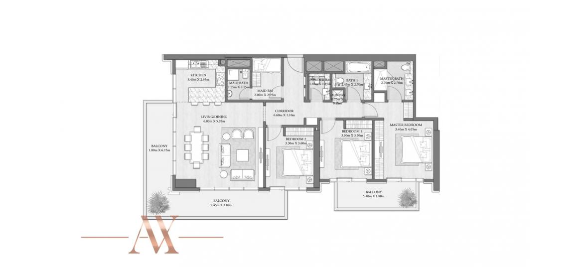 Apartment floor plan «A», 3 bedrooms in BEACH MANSION