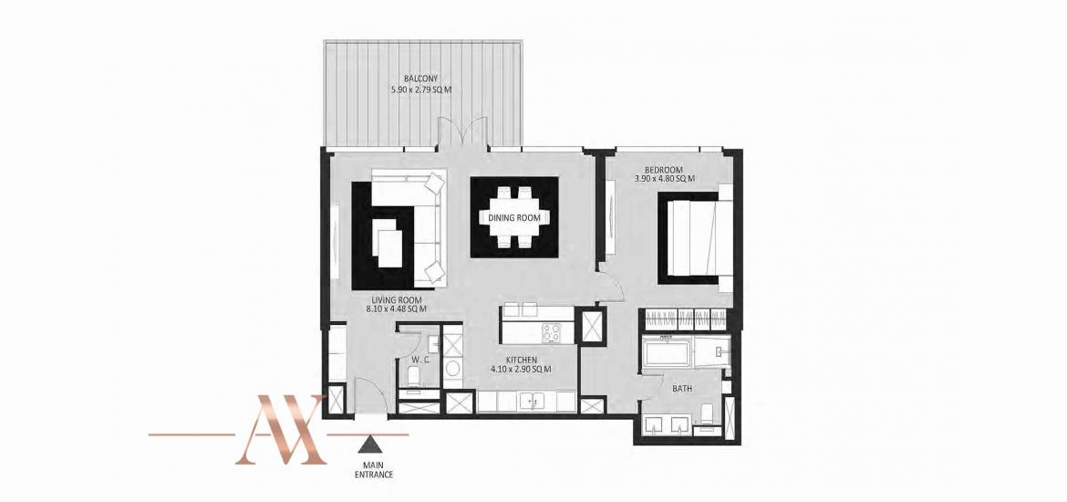 Apartment floor plan «1BR 107SQM», 1 bedroom in BLUEWATERS RESIDENCES