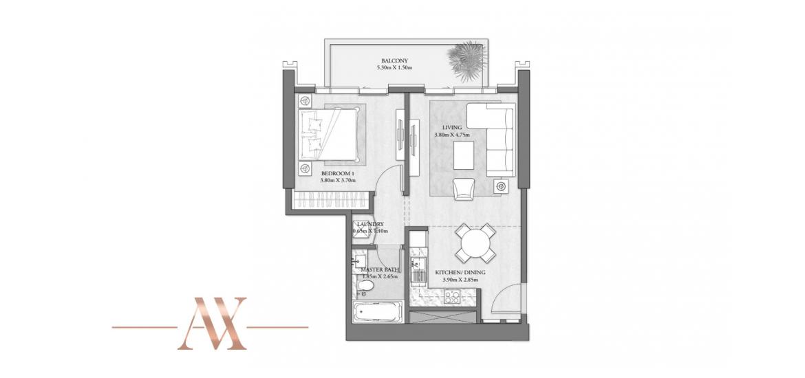 Apartment floor plan «B», 1 bedroom in BEACH MANSION