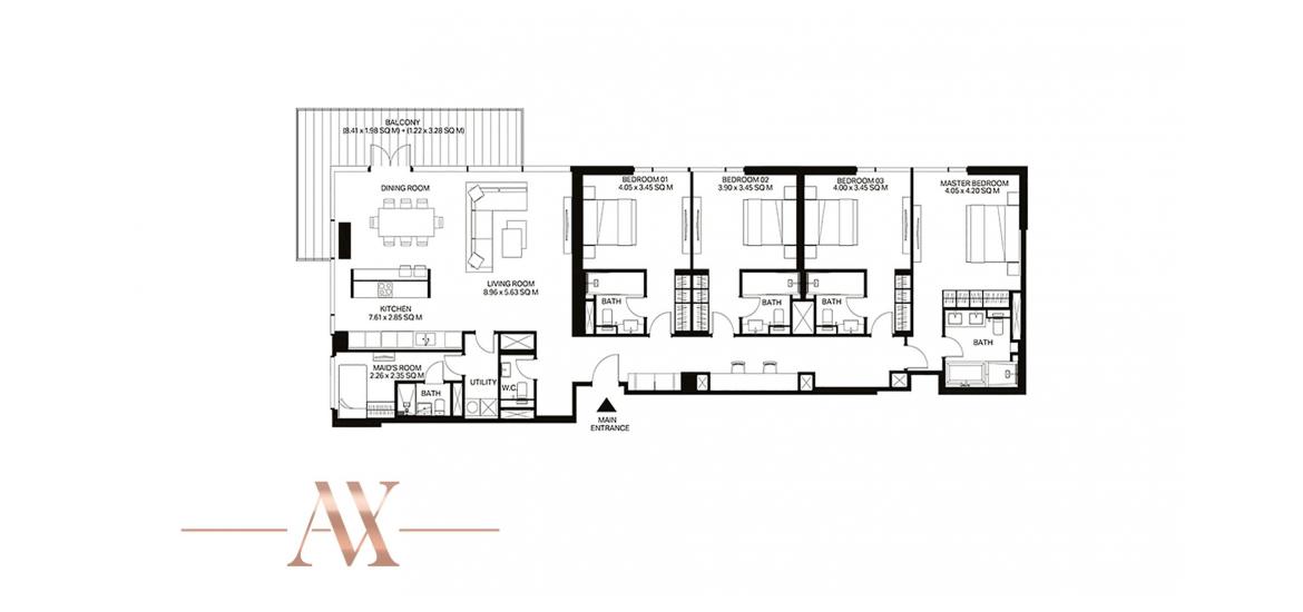 Apartment floor plan «4BR 229SQM», 4 bedrooms in BLUEWATERS RESIDENCES