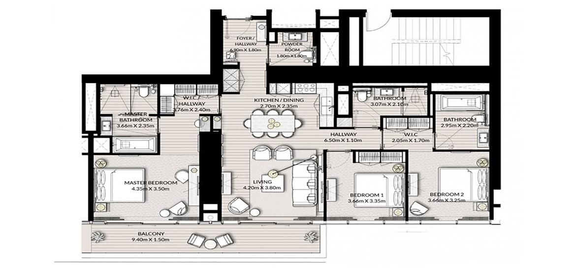 Apartment floor plan «3BR 156SQM», 3 bedrooms in VIDA RESIDENCES DUBAI MARINA