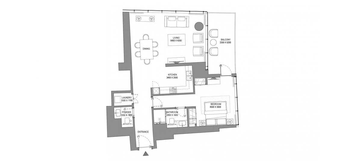 Apartment floor plan «1BR TYPE C», 1 bedroom in SOBHA SEAHAVEN